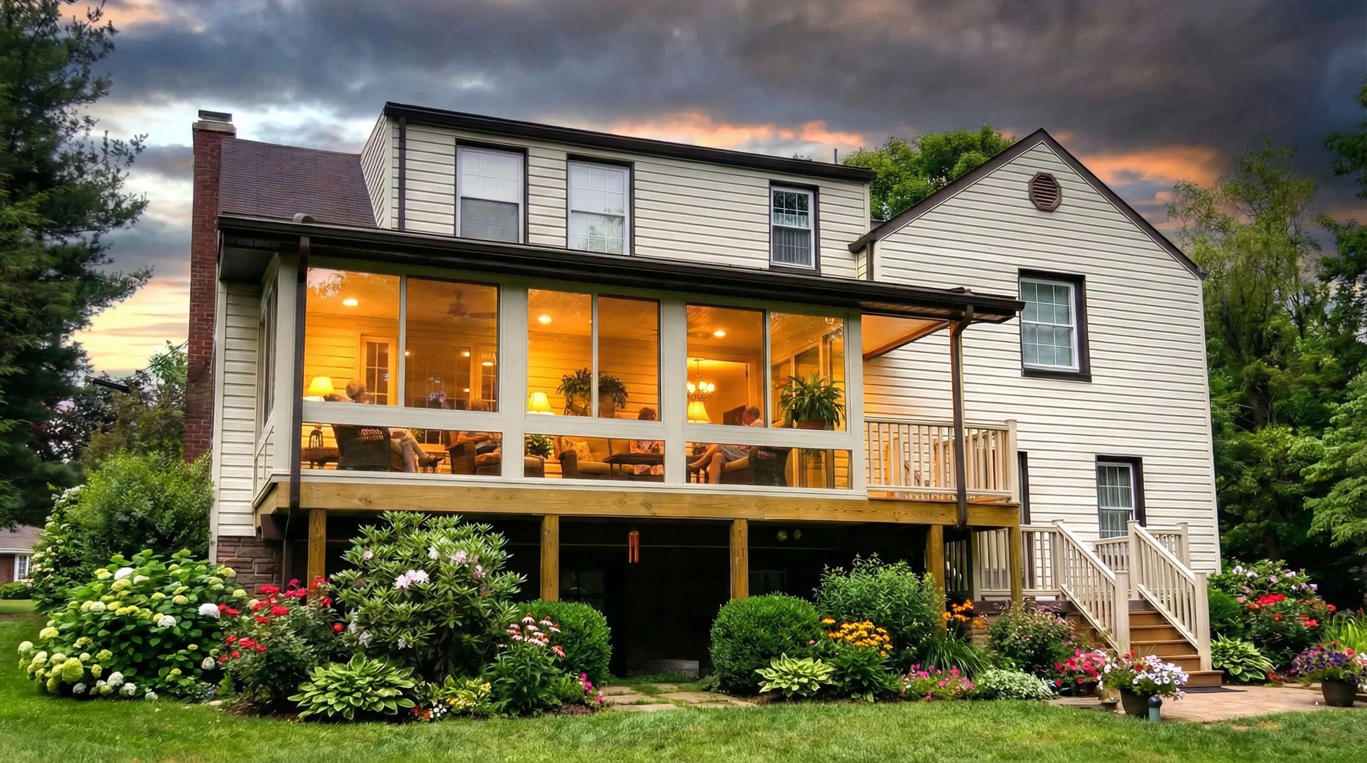 Sunroom lit from inside at dusk