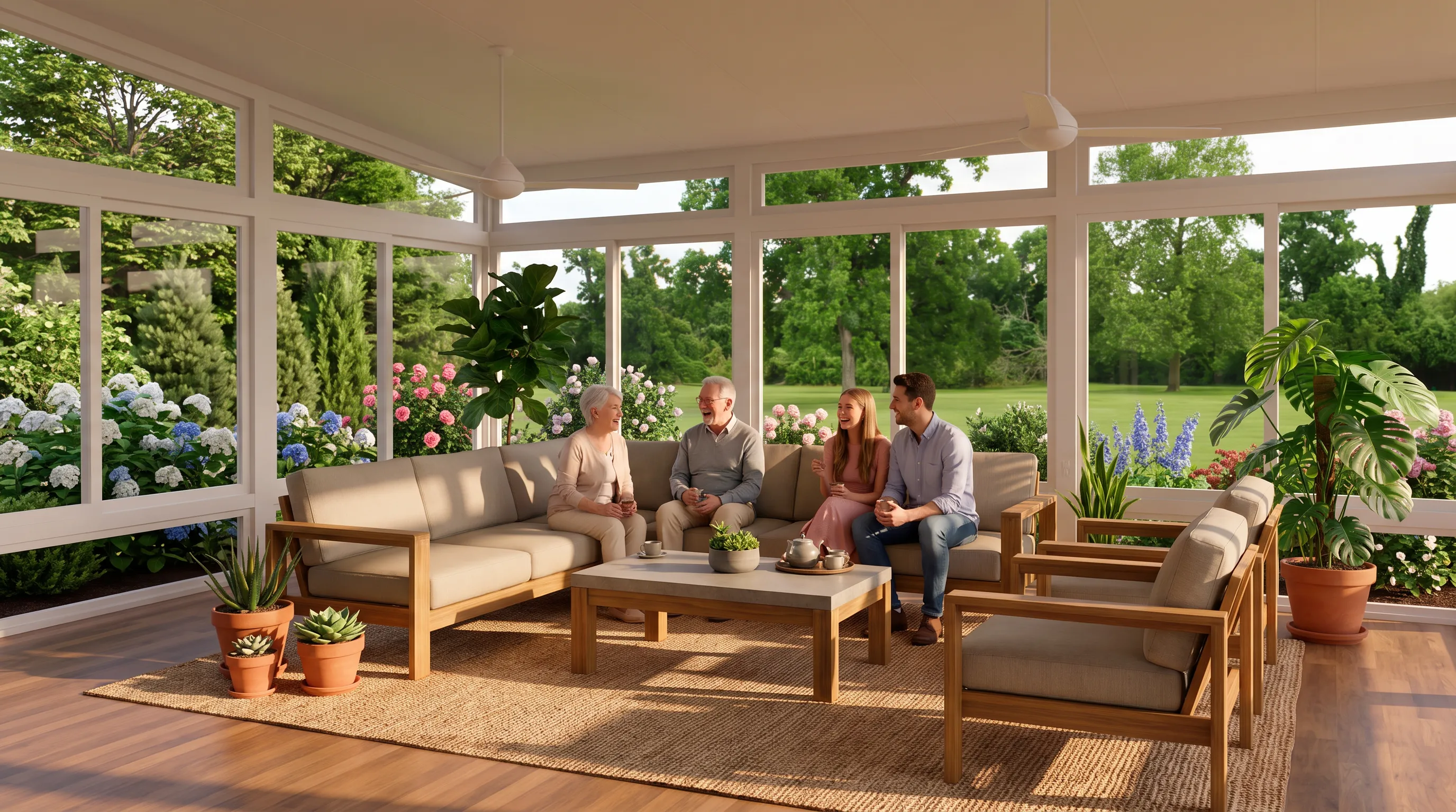 Two couples sitting together in a sunroom
