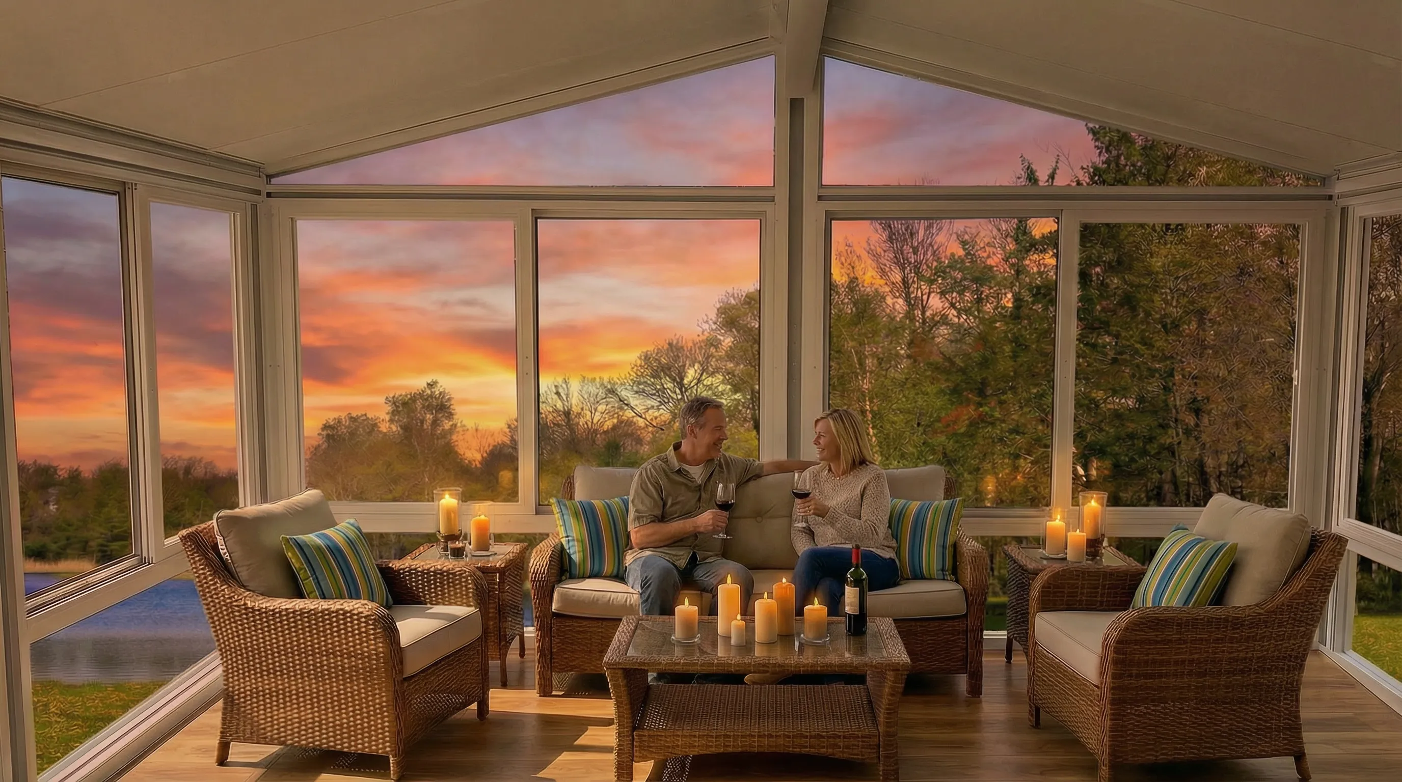 Sunroom interior at sunset with wicker seating
