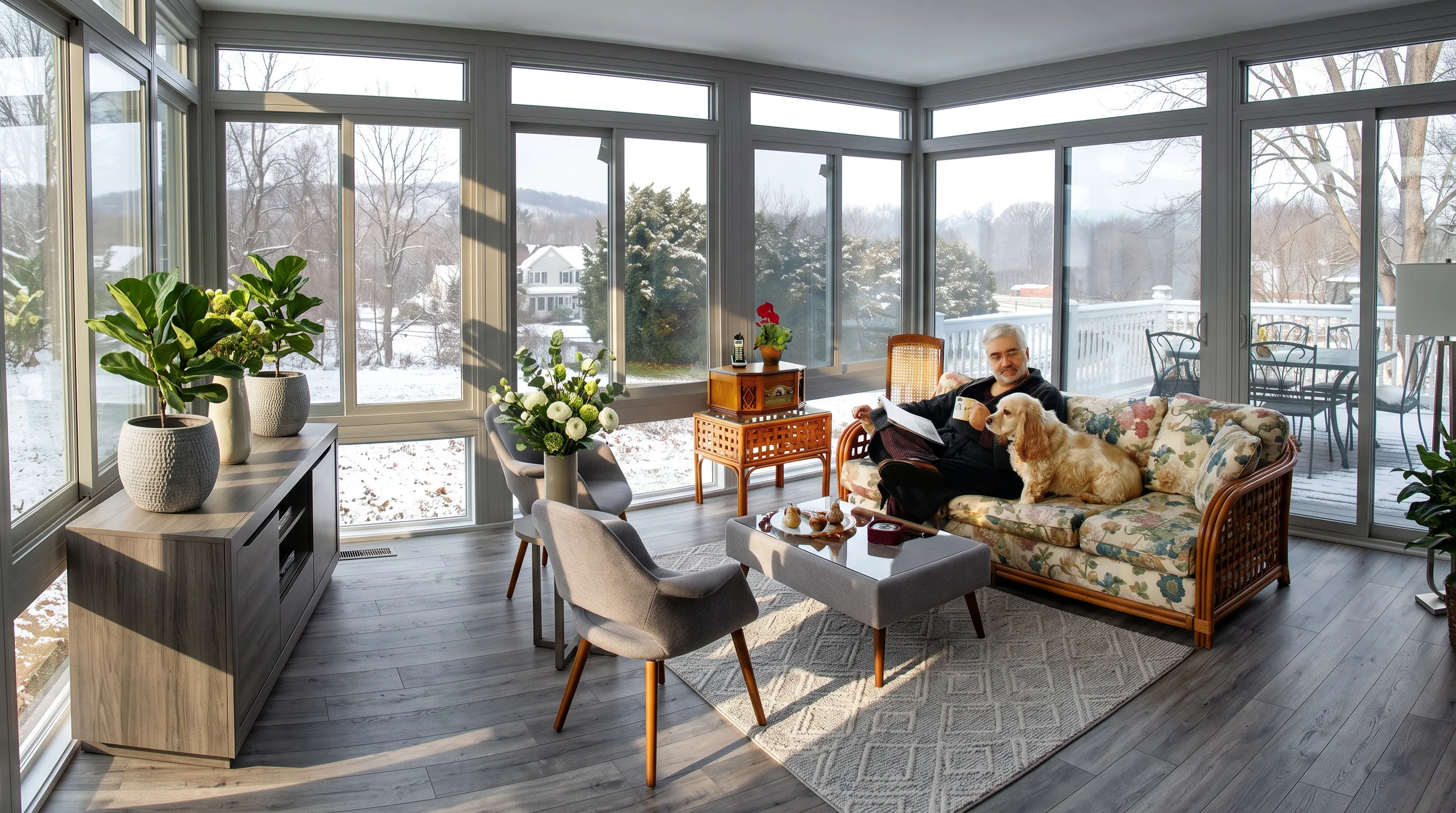 Sunroom interior in use during winter with snow outside