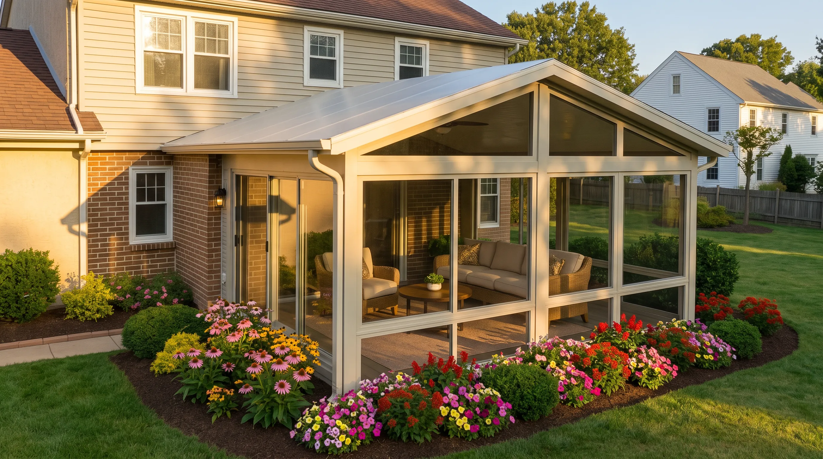 Gable roof sunroom attached to a brick ranch home