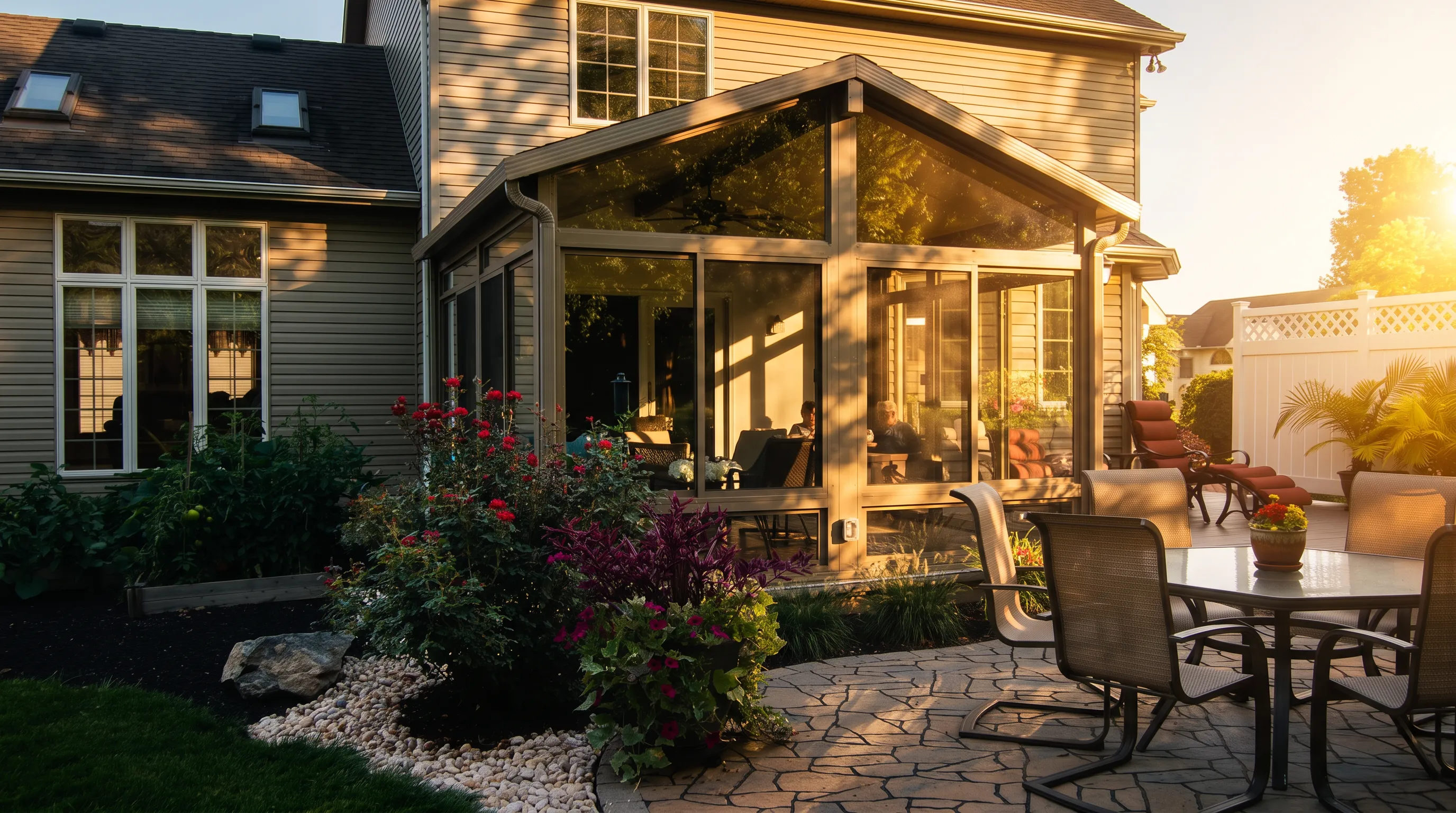 A gable roof sunroom in evening light, with a couple sitting inside