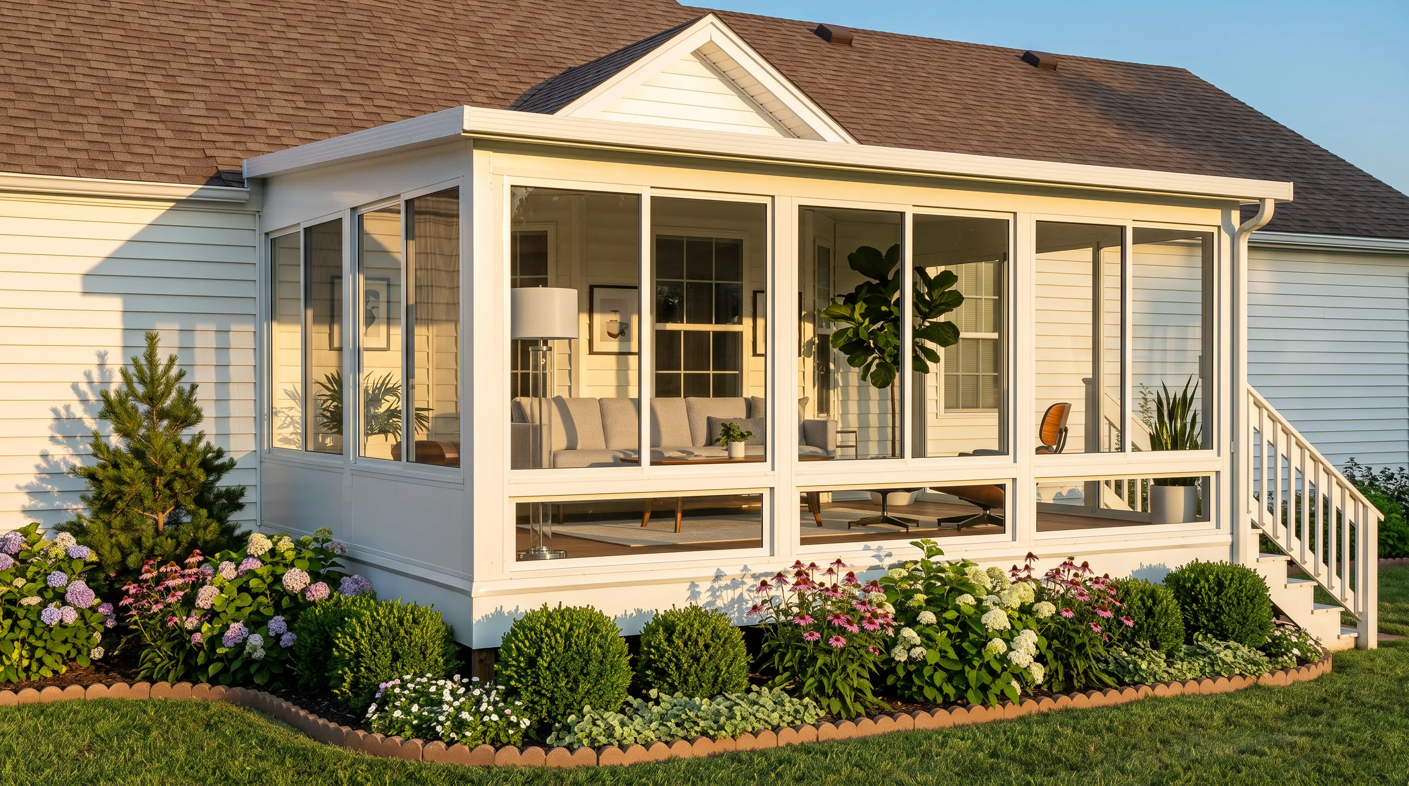 Studio roof sunroom attached to a single-storey ranch home